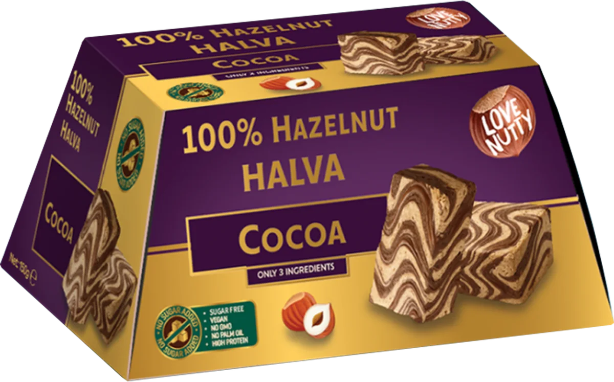 100% Hazelnut Halva cocoa packaging