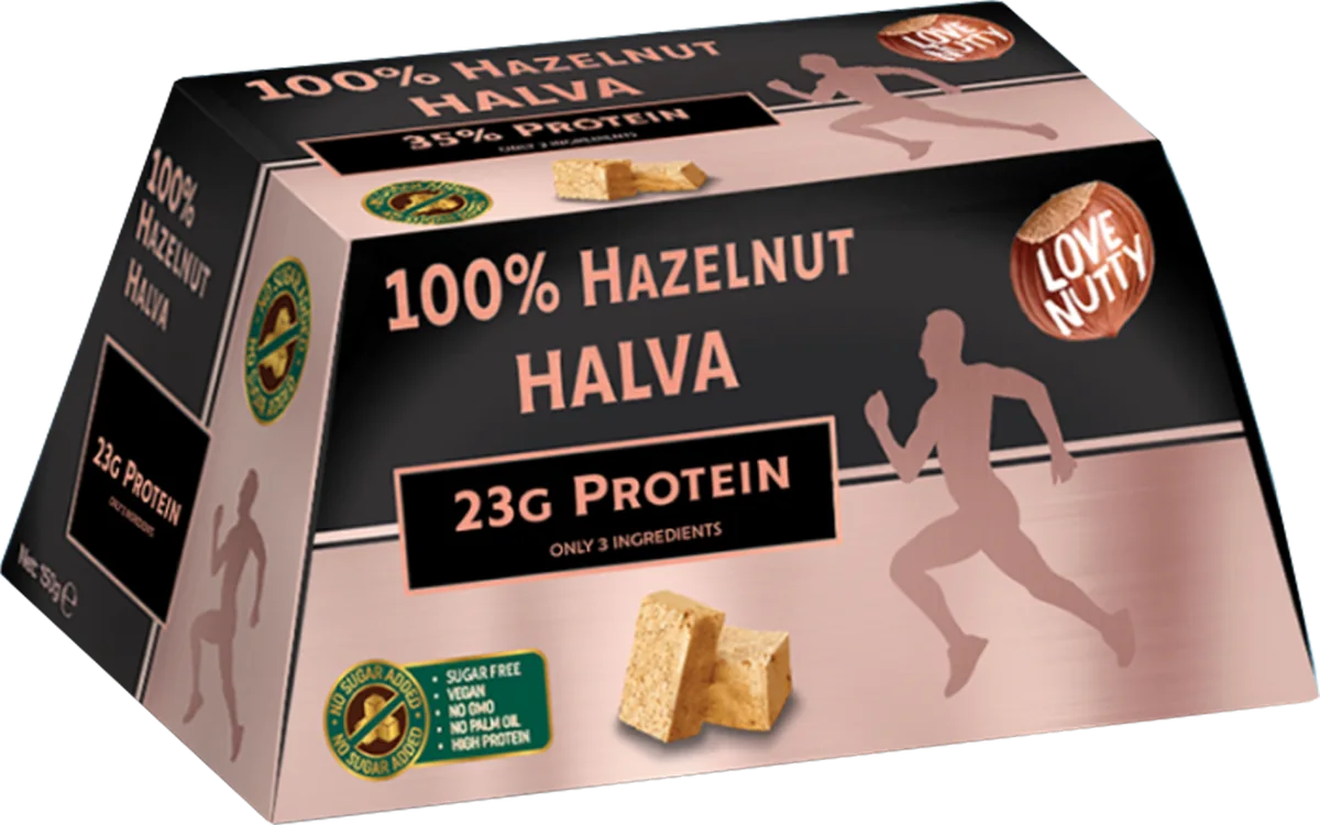 100% Hazelnut Halva protein packaging